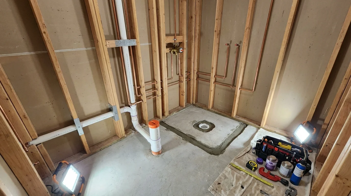 Bathroom rough-in plumbing during remodel by Johns Plumbing LLC in Barstow
