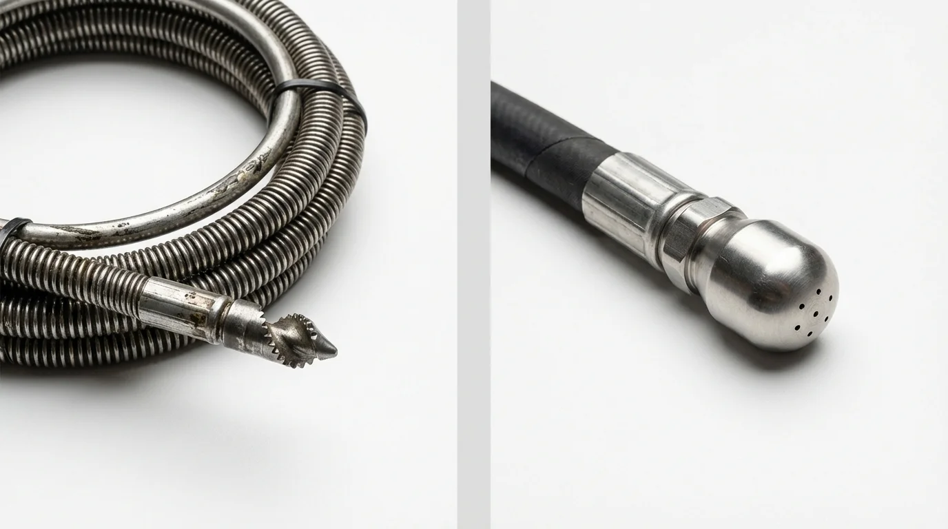 Drain snake cable and hydro jetting nozzle used for drain cleaning in Barstow, CA