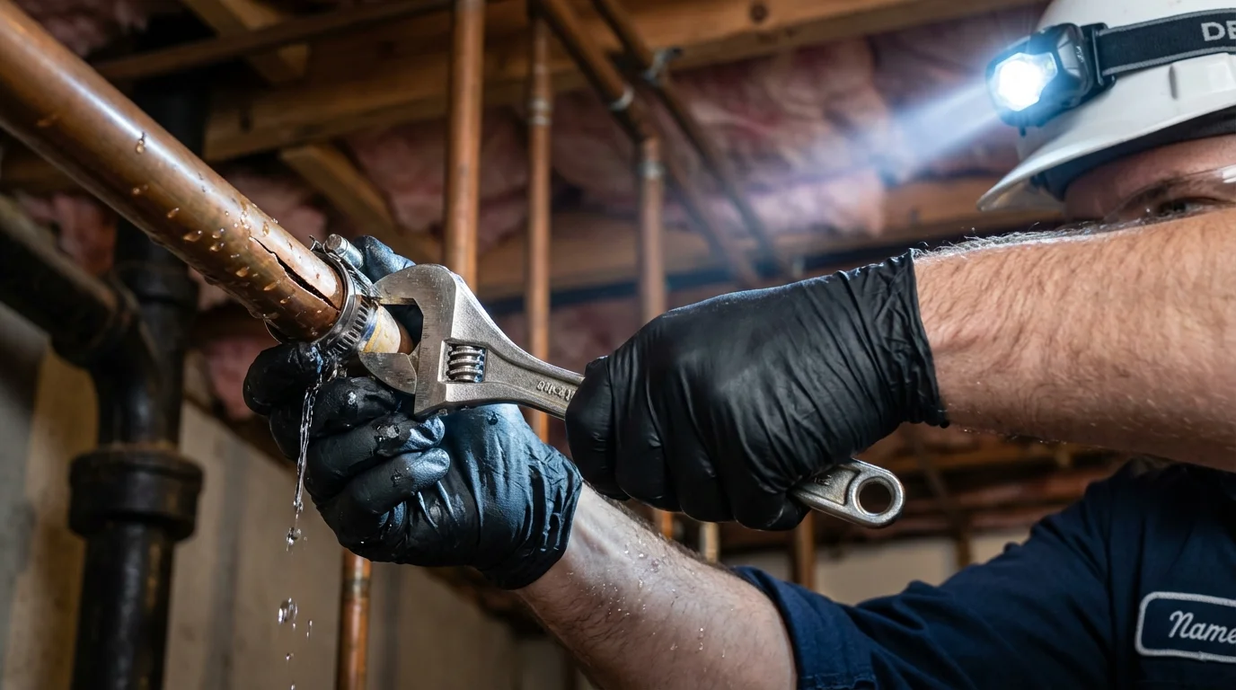 Emergency pipe clamp repair being performed by a Johns Plumbing LLC plumber in Barstow