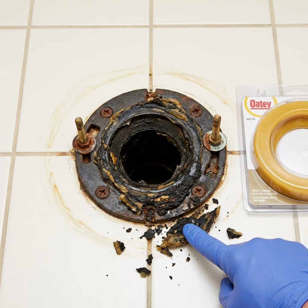 Failed wax ring showing water seepage at the base of a toilet in a Barstow, CA home