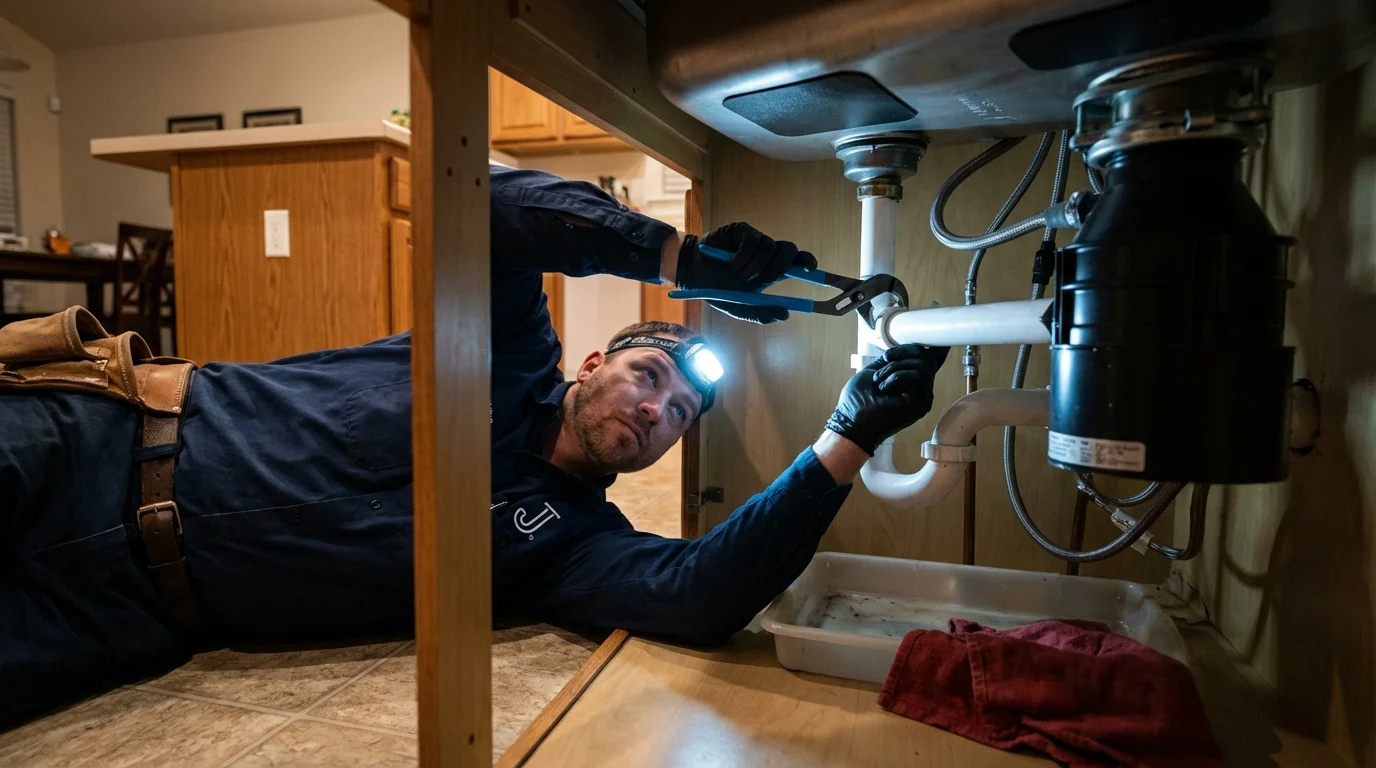 P-trap and supply line connections under a kitchen sink showing a common leak point in Barstow, CA